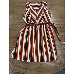 Monteau Faux Wrap Belted Dress Fall Stripes V Neck Lined - Snag in Back - XL